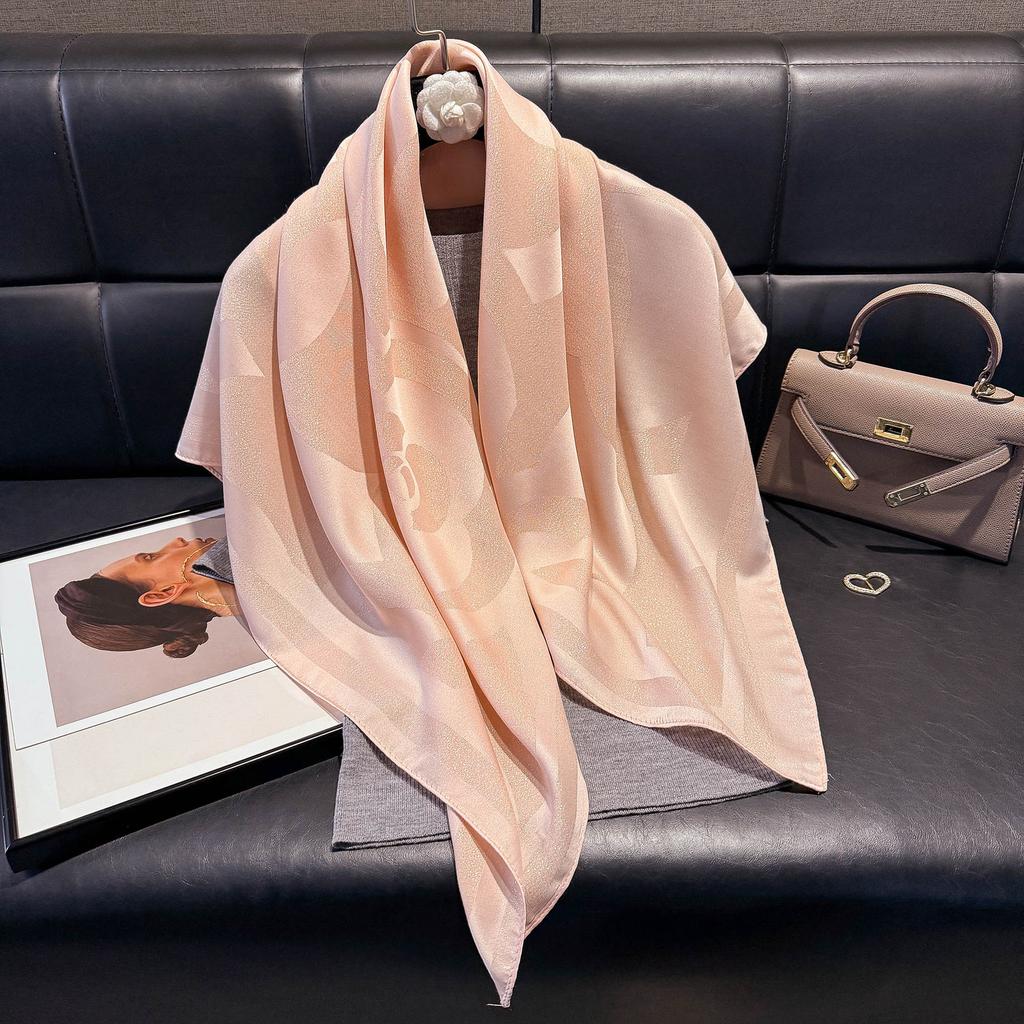 Spring 90Cm Classic Fashion Versatile Shawl Women'S Shade Dust-Proof Camellia Tencel Cotton Silk Scarf