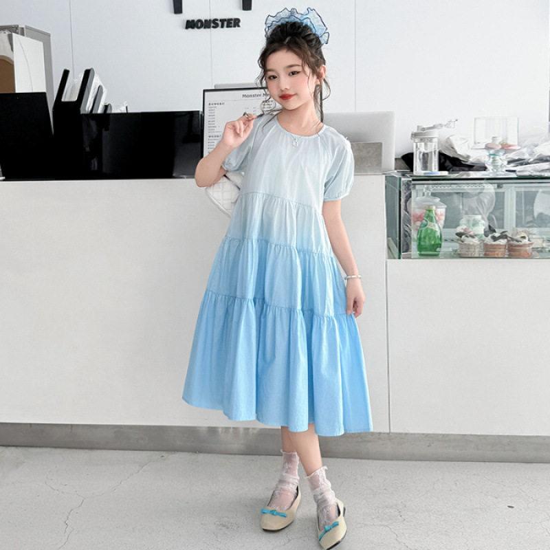 Girls Summer Ombre Tiered Dress Short Sleeve Princess Casual School Dress For Big Kids