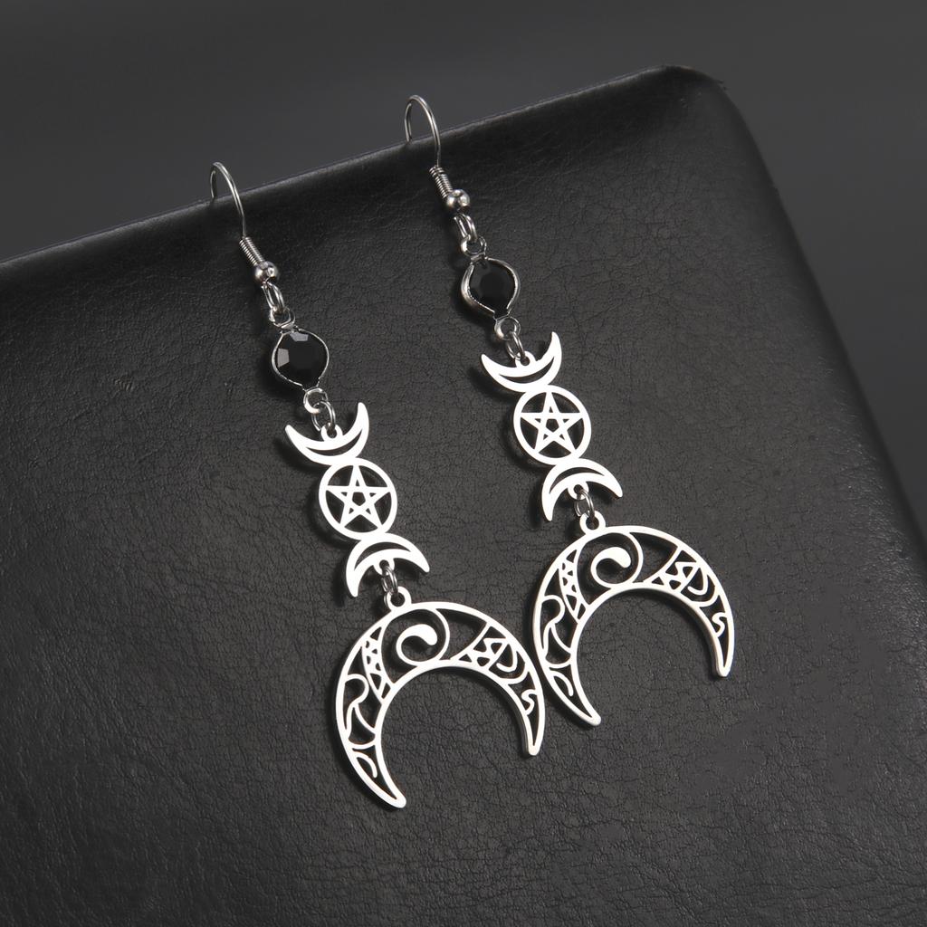 Lemegeton Stainless Steel Crescent Shaped Women's Earrings Mysterious Triple Moon Goddess Pentagram Gothic Jewelry Party Gift