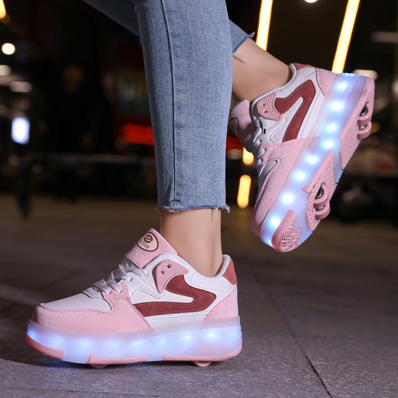 29-40 Kid's Lights Sports Shoes Rubbing Shoes Solid Magic Patch Can Charging Double-row Four-wheel Luminous Children Shoes