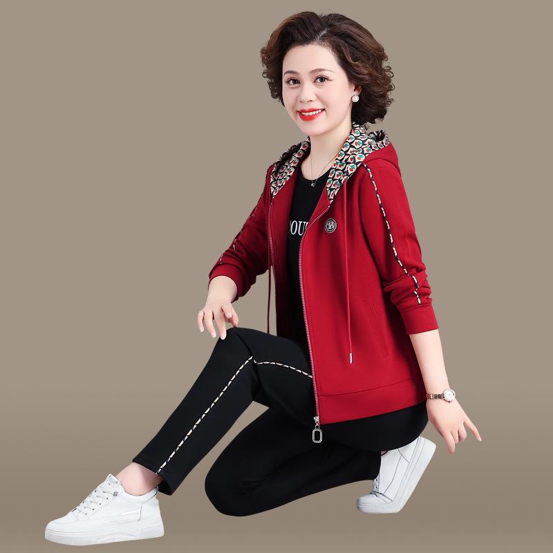 

Hooded Sweatshirt and Sports Suit for Middle-aged Women (Stylish Plus Size, 40s-50s, Spring/Autumn) XL (Recommended 106-115 lbs) вина червоного кольору