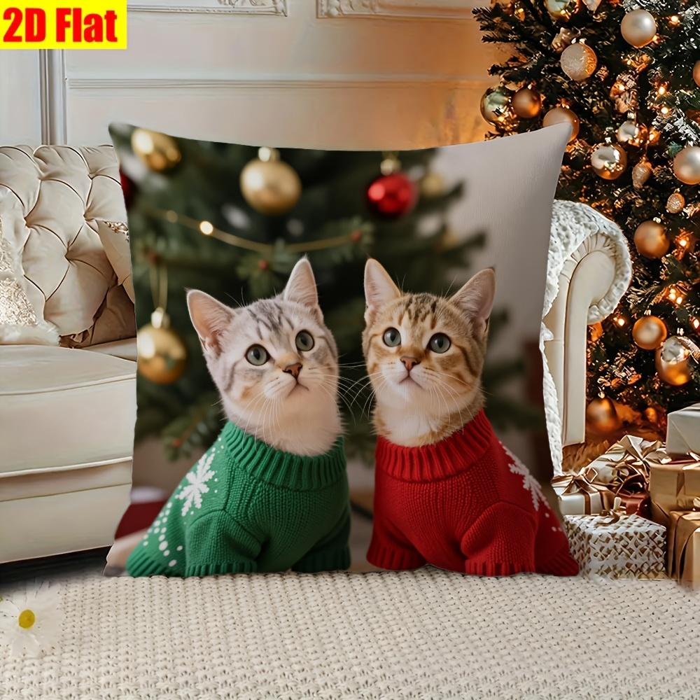 1pc, Polyester, Pillow Cover, Pillow Insert Not Included, 2D Flat Printing, Two Kittens in Christmas Sweaters with Snowflake Patterns, for Home, Offic