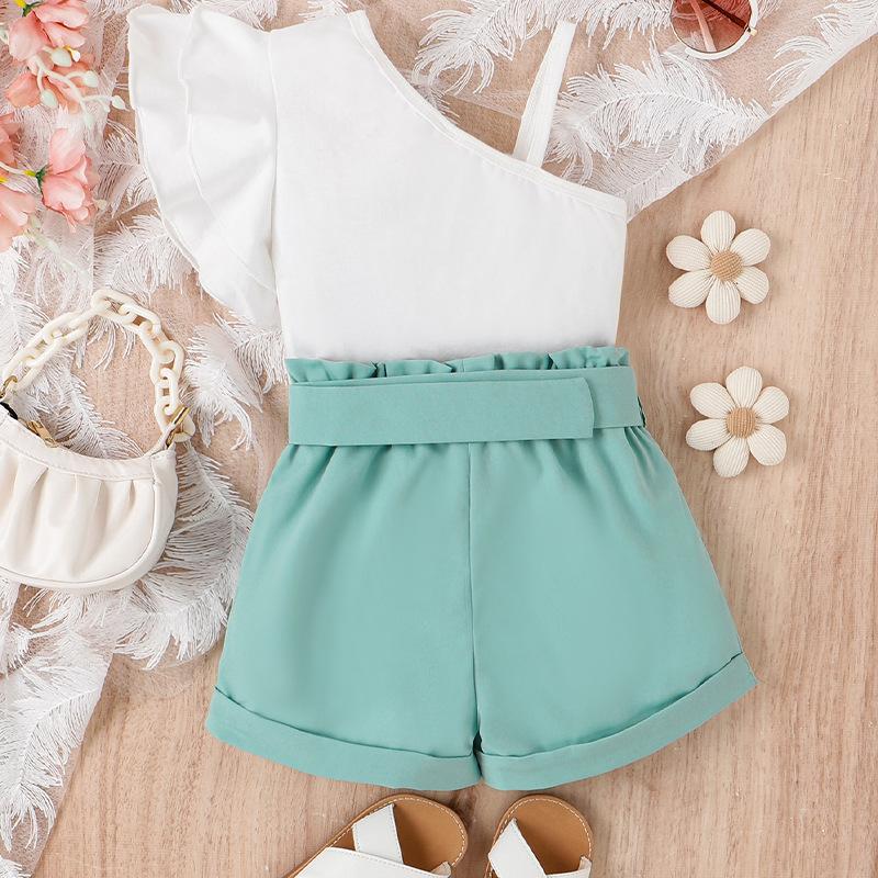Girls' Leisure Suit Spring and Summer Children's Fashion Diagonal Shoulder Halter Flying Sleeve Top Short Belt Suit