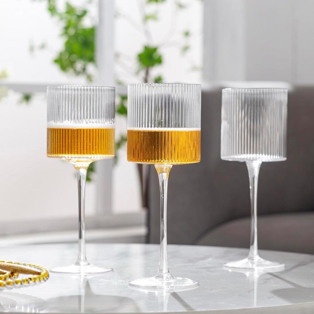 10pcs Wine Glasses Elegant Ribbed Design Wine Glasses 11oz Long Stem Unique Modern Shape - Hand Blown Premium Wine Glass