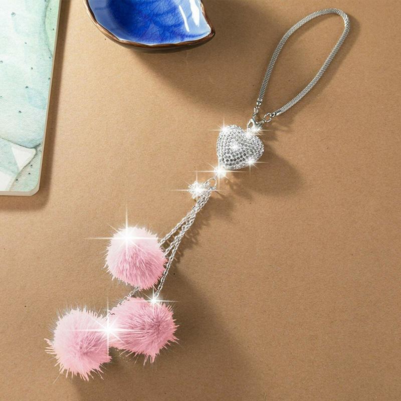Bling Car Diamond-encrusted Love-shaped Ball Plush Pendant Cute Rearview Mirror Hanging Decoration