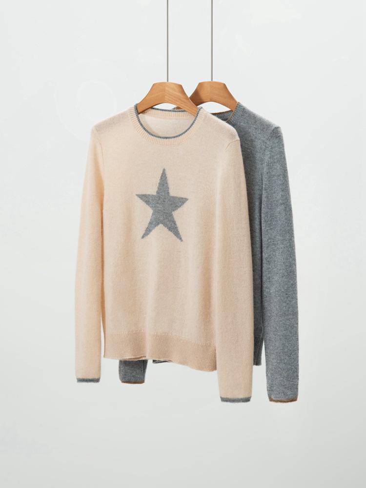 100% Pure Cashmere Color Block Round Neck Sweater with Five-Star Pattern - Simple and Versatile Design for Autumn/Winter