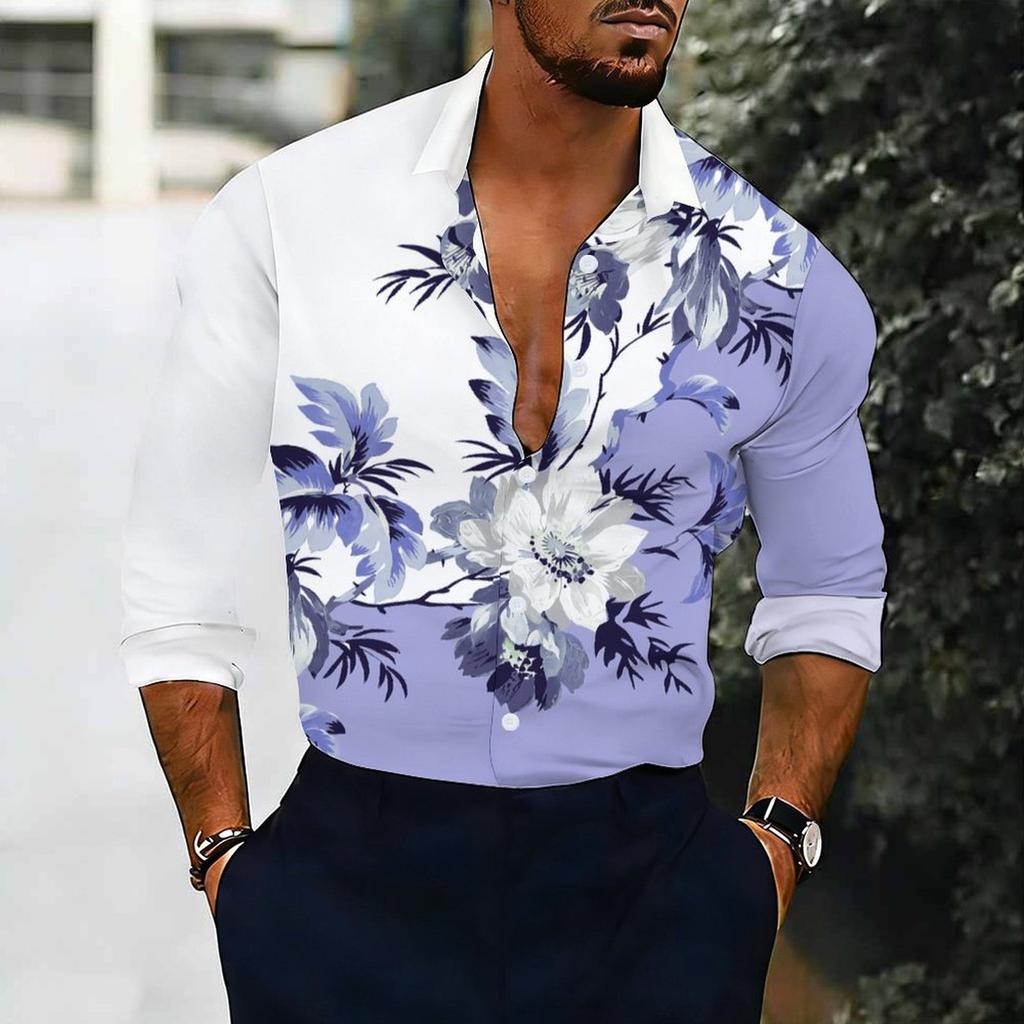 Camisa de Hombre con Cuello Estampado Floral de Rama Gradiente Blanco Rosa Manga Larga Botones