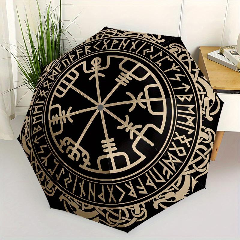 

Viking Vegvisir Compass Norse Runes Umbrella - Automatic Open/Close, Black & Beige Norse Viking Design, Portable 3-Fold Compac Iron&8K