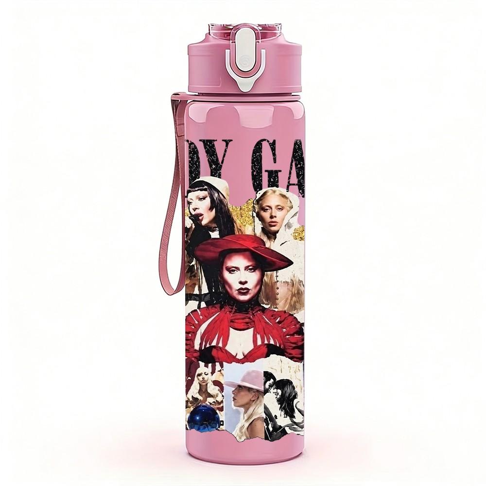 1PC Lady Gaga Pop Portrait 750ml Sports Water Bottle Leakproof Straw Lid Outdoor Office Home