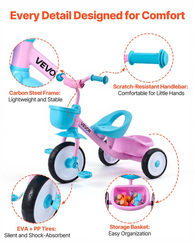 VEVOR Toddler Tricycle for 2-5 Year Old, Kids Trike with Adjustable Seat, Storage Basket, Carbon Steel Frame, Handlebar Grips for Outdoor Play