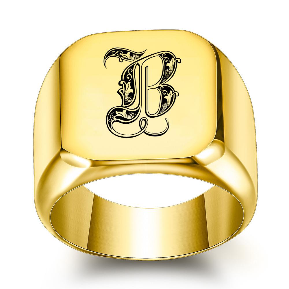 Europe, America 26 personalized English initials titanium steel ring male retro punk square 14MM gold trendy male wholesale