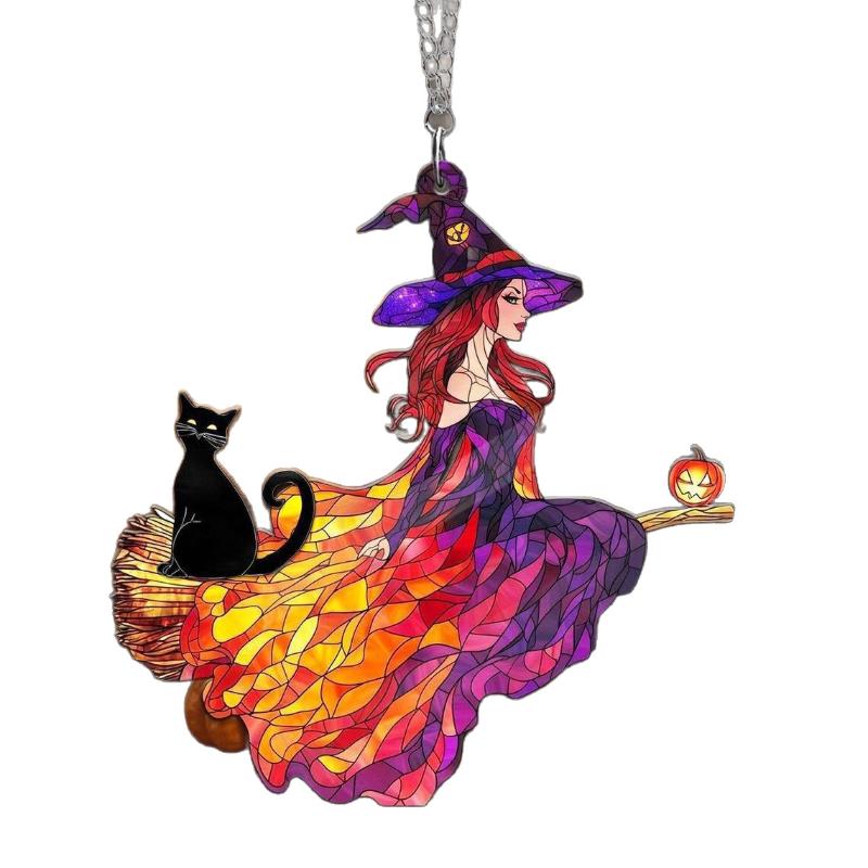 Gothic Acrylic Witch &Black Cat Suncatcher, Halloween Window Decoration Wind Chime, Broom Witch Hanging Ornament For Home &Party