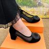New Women's Shoes Soft Leather Black Light Work Shoes Low Top Round Head Thick Heel Women's Leather Shoes Handmade Beaded Mother Shoes