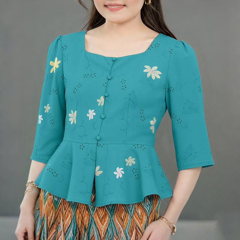 ZANZEA Women Casual Round Neck 3/4 Sleeve Elegant Floral Blouse