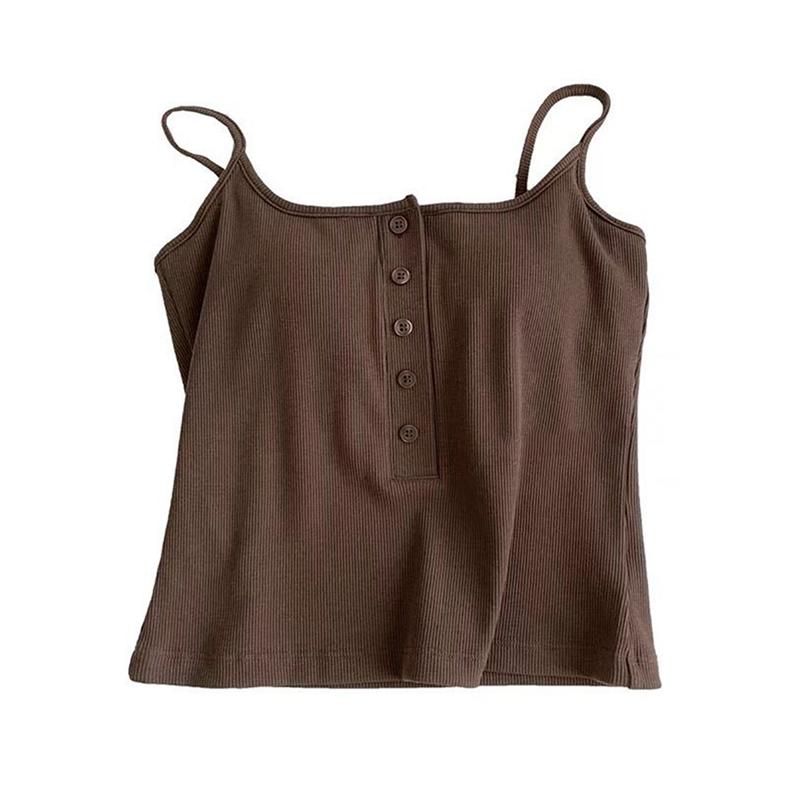 

Жіночий літній камзол з квадратним вирізом на ґудзиках, зручний укорочений топ на бретелях One Size кавовий