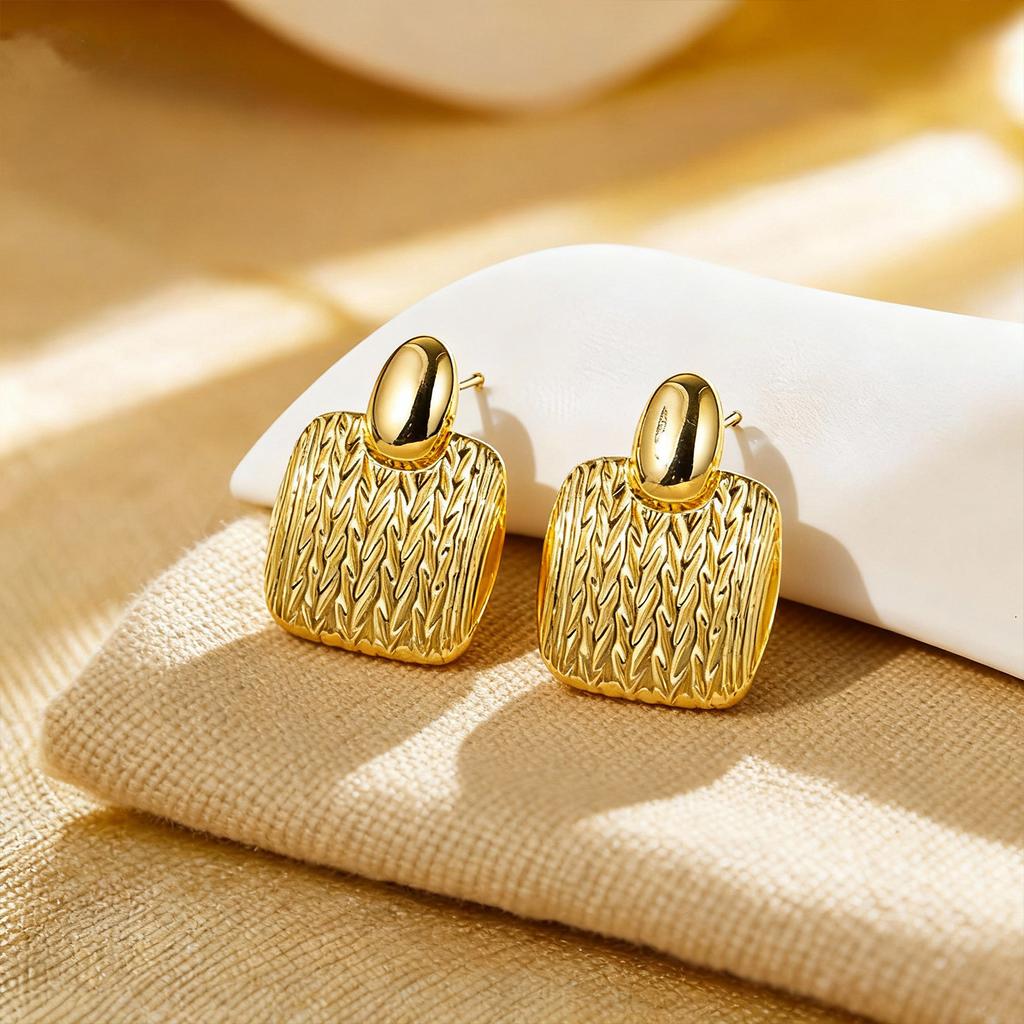 Vintage Rectangular Earrings – 14K Gold-Tone PVD Plated with Hammered Texture, Hypoallergenic Minimalist Studs for Everyday Wear