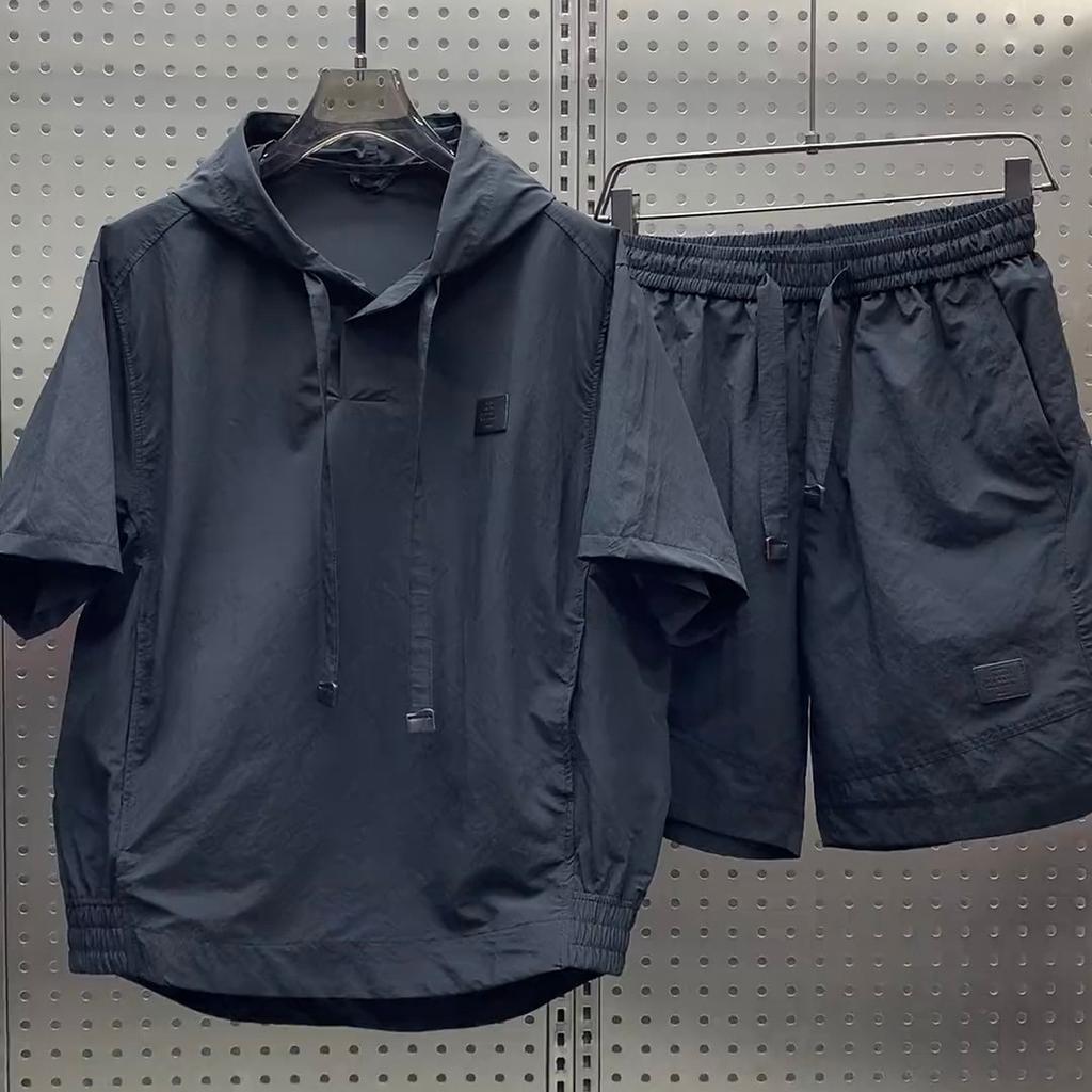 Men's Loose Light Breathable T-shirt Shorts Set Cargo Style Pocket Casual Sport Hoodies Short Sleeve+Shorts Two-piece