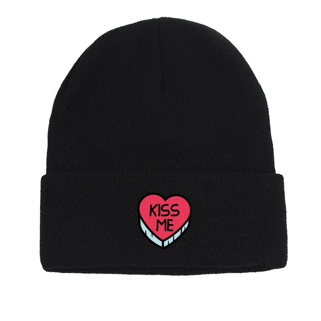 KISS ME" Heart Print Knit Cap Beanie, Valentine's Day Man Cap Soft Stretchy Unisex Bonnet Knitted Hat Beanie