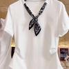 Plus Size Korean Silk Scarf Patchwork Slimming T-shirt for Women - 2025 Summer Fashion Short Sleeve Top