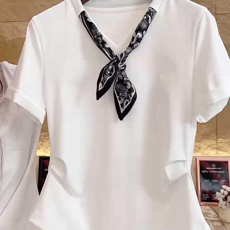 Plus Size Korean Silk Scarf Patchwork Slimming T-shirt for Women - 2025 Summer Fashion Short Sleeve Top
