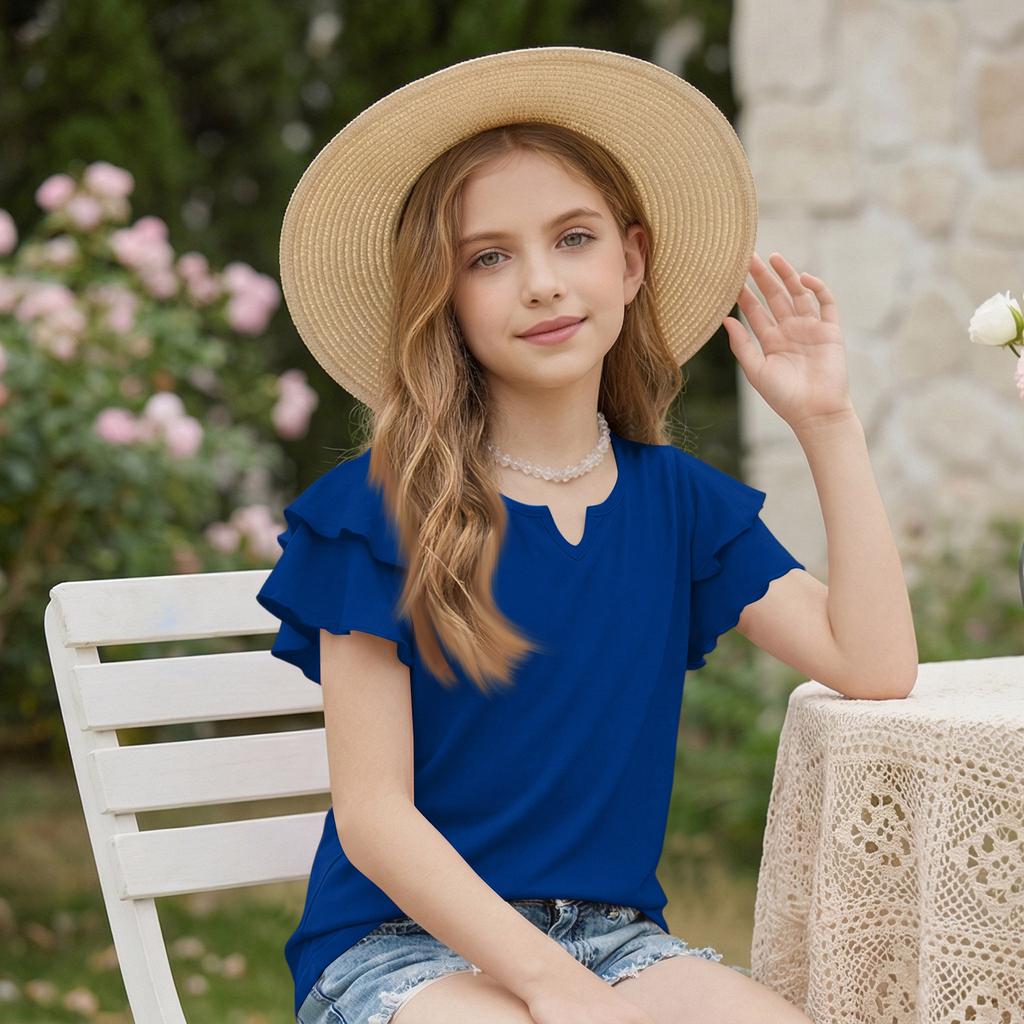 Dziewczęcy T-shirt z dekoltem V i falbanką - Krótki rękaw, letnia bluzka