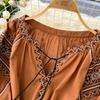 Damen Langarm Laternenärmel Maxikleid Elegant V-Ausschnitt Schick Bestickt Langes Kleid Lässig Bandage Bohemian Kleid