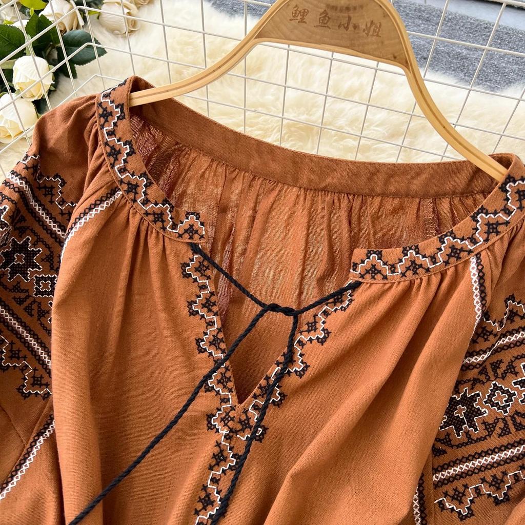 Damen Langarm Laternenärmel Maxikleid Elegant V-Ausschnitt Schick Bestickt Langes Kleid Lässig Bandage Bohemian Kleid