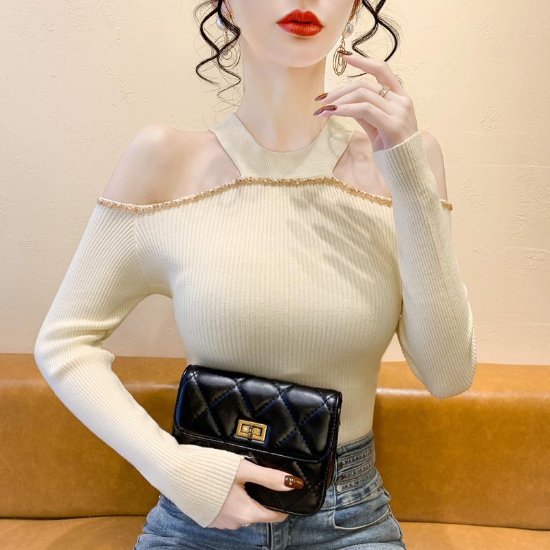 

Женский свитер с открытыми плечами и халтер-воротником. Весна. Новый высококачественный внутренний слой. Модный топ. Однотонный свитер с длинными рукавами. Тренд. M