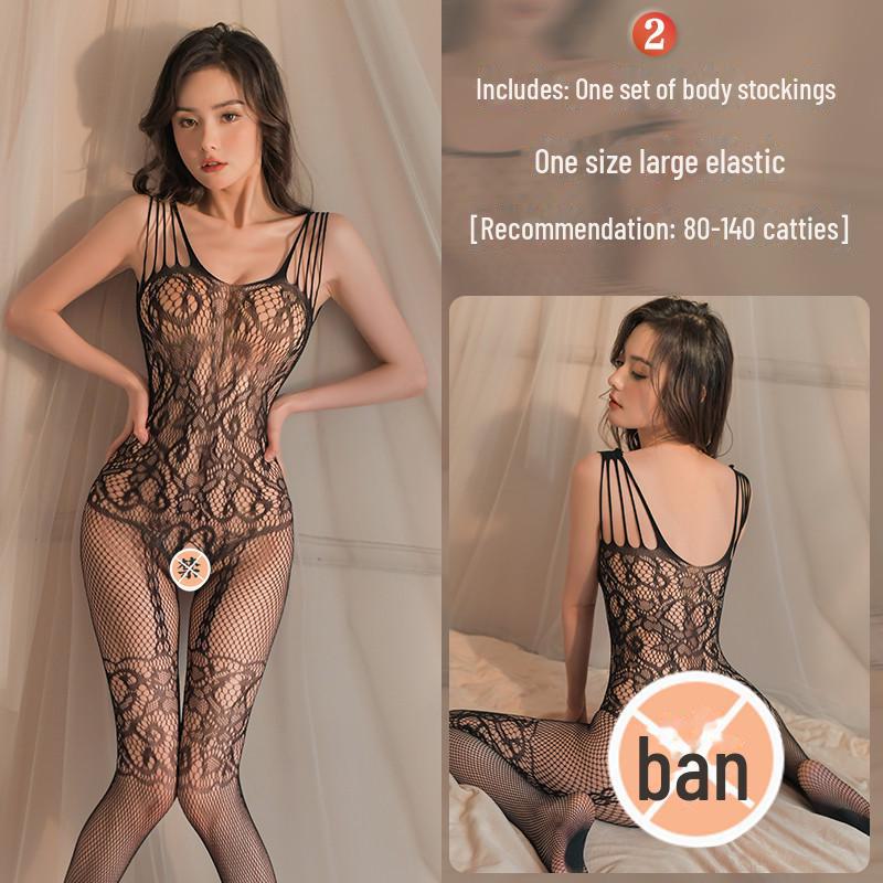 Erotic Black Mesh One-Piece Lingerie Set with Open Stockings - Tempting and Sexy