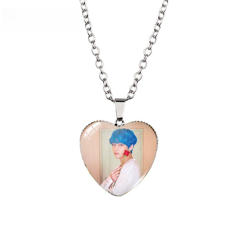BTS Heart Pendant Necklace, Bangtan Boys Group Photo Pink Flower Field Photo Necklace, Kpop ARMY Fans Jewelry Gift