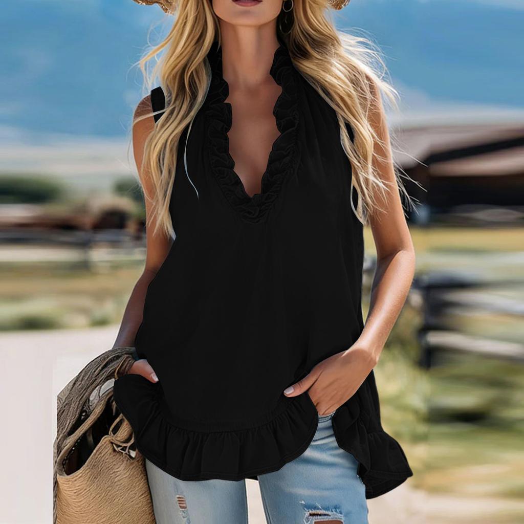 Women Sleeveless Tank Top Summer Loose Fit V Neck Ruffle Trimmed Hem Lightweight Linen Blend Casual Blouse