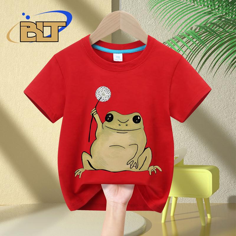 Dandelion Frog printed kids Tshirt summer childrens pure cotton shortsleeved casual tops boys and girls gifts 100