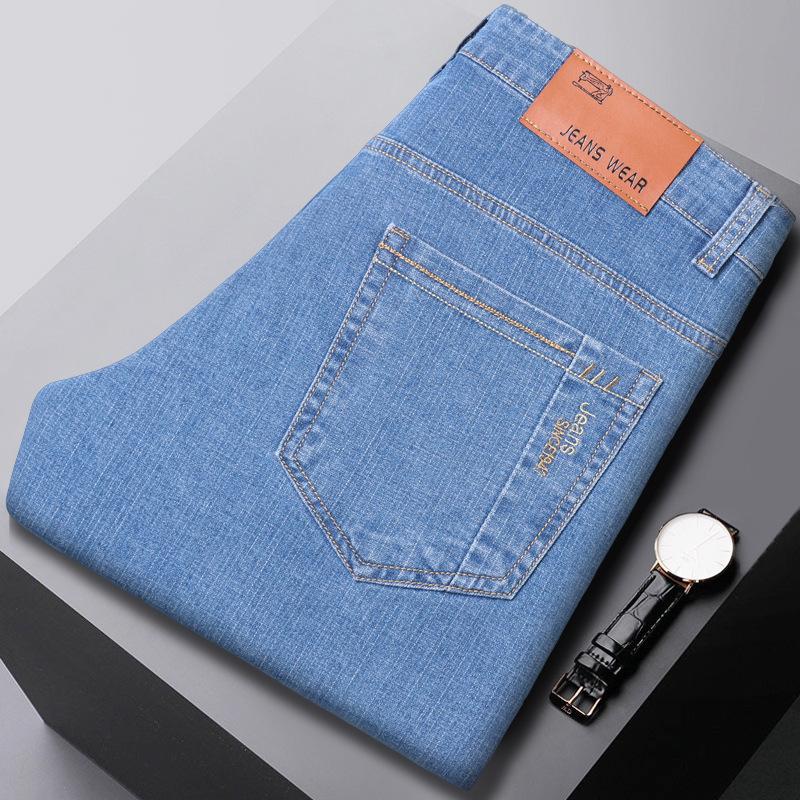 Jeans da Uomo Estivi Dritti Larghi Azzurro Chiaro Elasticizzati Pantaloni Lunghi Cento Pantaloni Nuova Tendenza Abbigliamento da Uomo