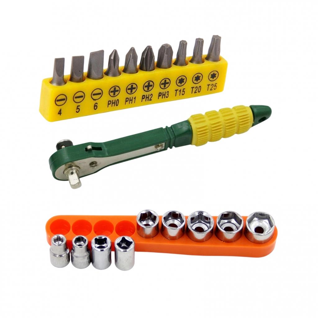 Portable Ratchet Wrench Tool Set 14 Inch with 10 Bits and 9 Sockets