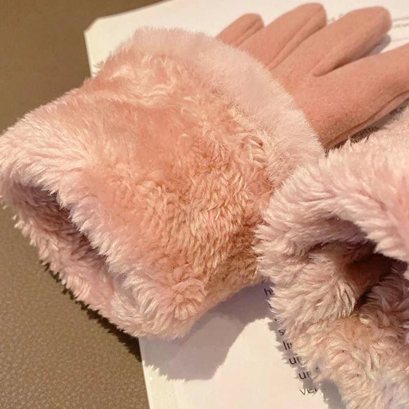 New Plush Winter Gloves Cute Cat Embroidery Full Finger Driving Mittens Women Touchable Screen Warm Touch Screen Gloves