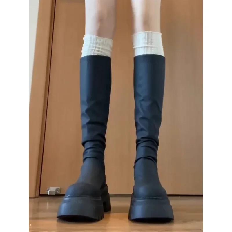 Mode „Light Punk Vibe“ Schwarze Langstiefel mit dicker Sohle, Stulpen-Socken-Stil, Perfekt für lässige & Herbst-Winter-Looks
