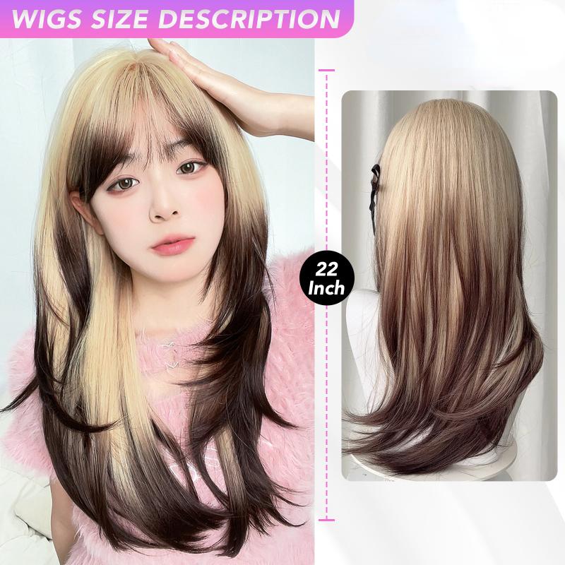 22 Inch Blonde Straight Bangs Wig Fiber Synthetic Wig Heat-resistant Non-Glare Natural Cosplay Hairpiece For Women Daily Korean Fashion