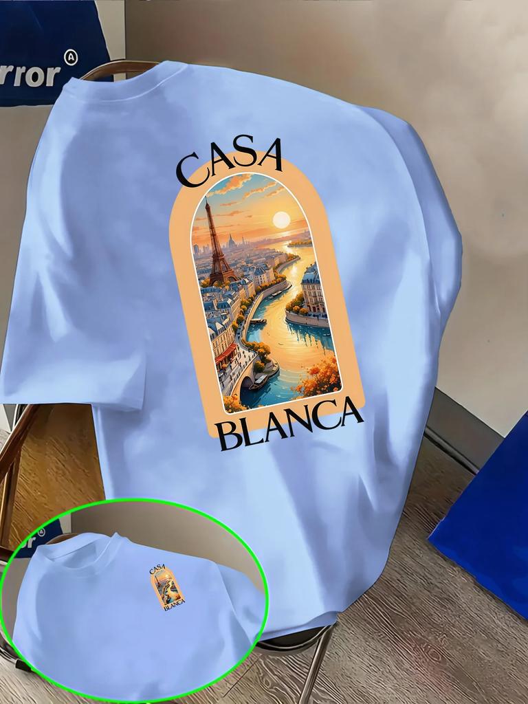 Beige Sommer Essential T-Shirt Mit Kunstwerk Einer Pariser Stadtsilhouette Bei Sonnenuntergang, Hergestellt Aus 100% Baumwolle, Bequem Und Leicht