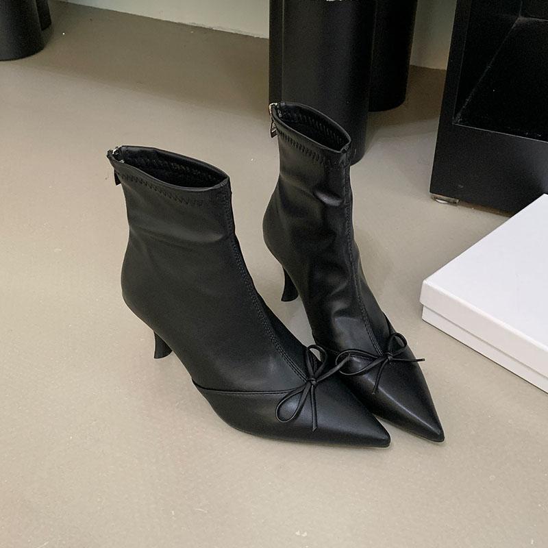 

Fashion Fashion Butterfly-Knot Modern Women Ankle Boots With Heels Shoes Pointed Toe Ladies Short Boots Zippers Shoes Female Pumps 35 чёрный