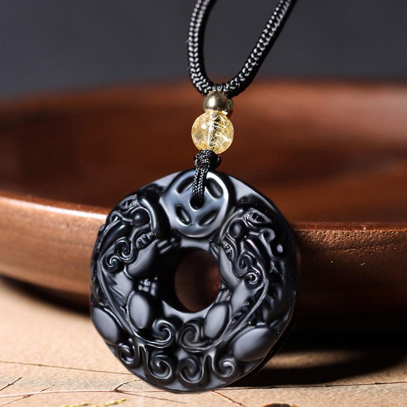 Natural Obsidian Double Pixiu Safety Buckle Pendant - Golden Obsidian Crystal Charm