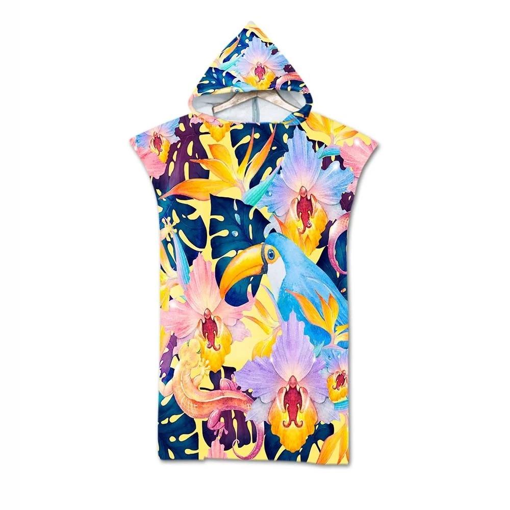 Microfiber Hooded Beach Towel For Adults Fashion Swimming Pool Bath Towel With Cloak Tropic Plant Flamingo Printed Bathrobe