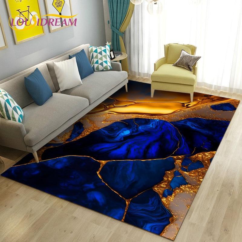 Nordic Marble Texture Goldren Cyan Area Rug Large,Carpet Rug for Living Room Bedroom Sofa Doormat Decor,Kid Non-slip Floor Mat