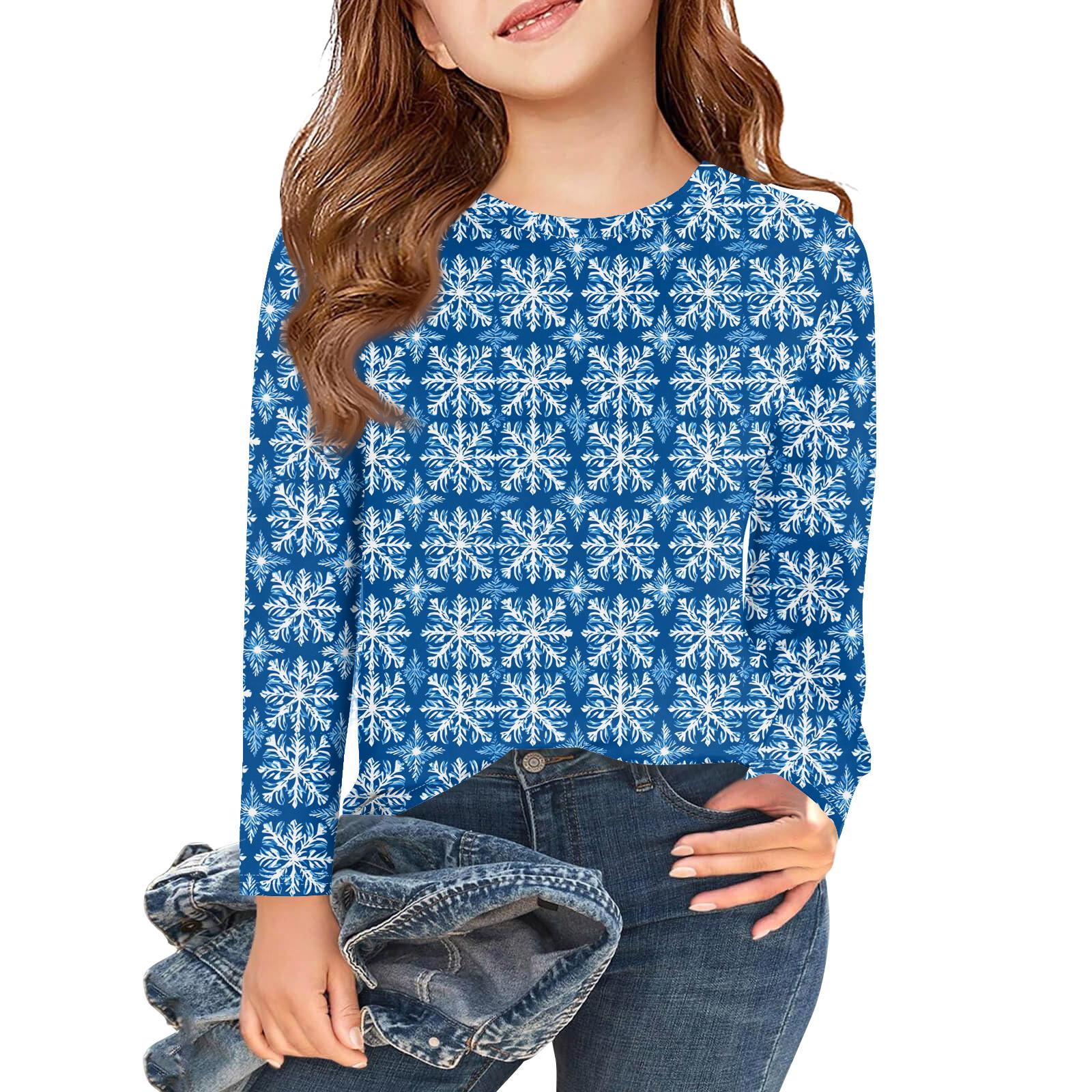 

Рождественские футболки с длинным рукавом для девочек, детские осенние топы с круглым вырезом и принтом, базовые футболки 150