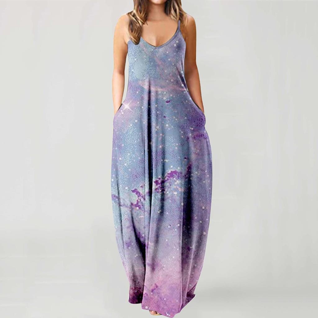 Women Casual Tie Dyed Print Drawstring Gradient Rendering Sling Long Dress