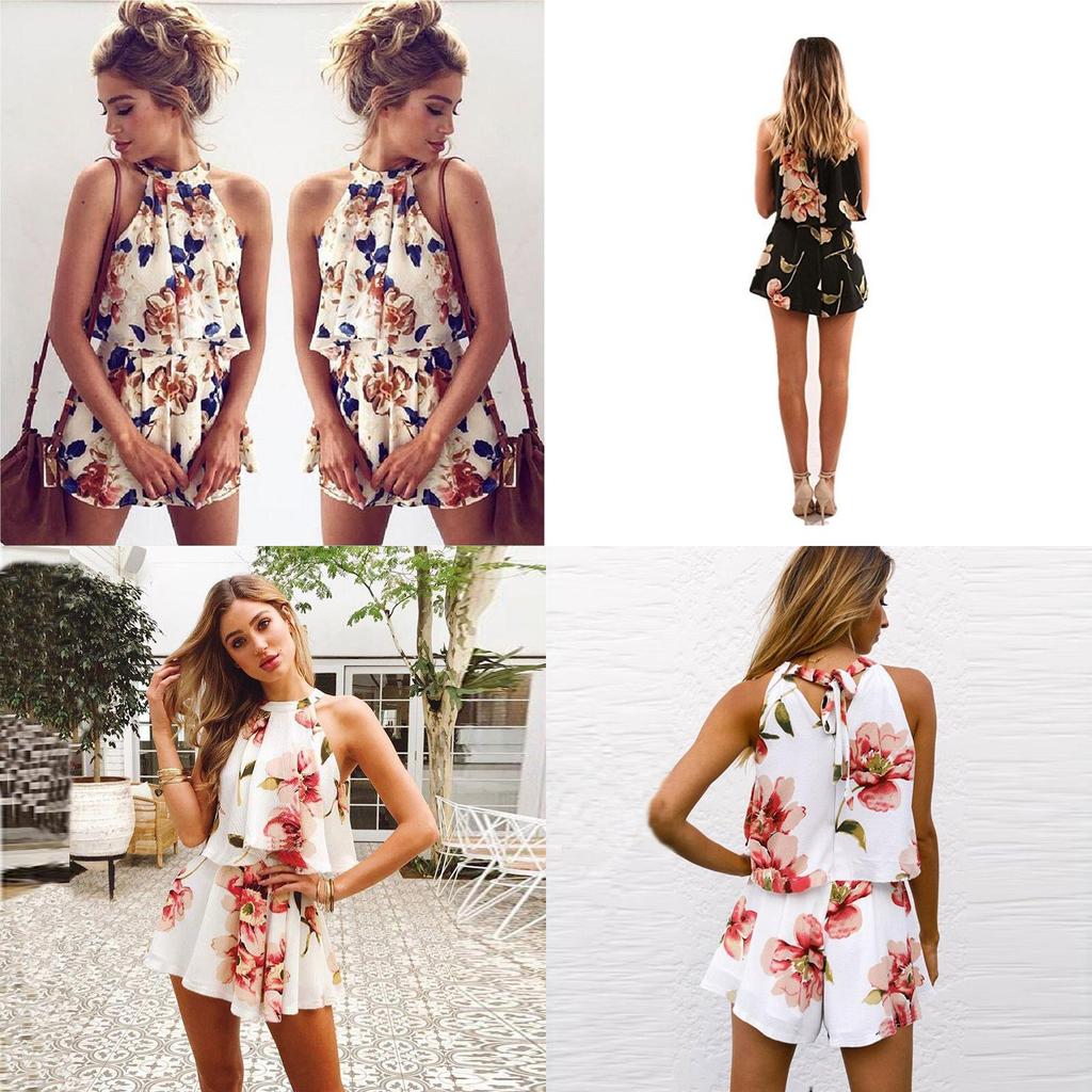 Piece Womens 2 Holiday Mini Playsuits Ladies Beach Summer Floral Shorts Print