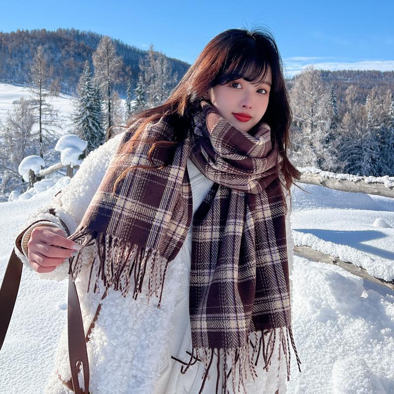 Korean Version of Japanese Fringed Plaid Scarf for Women's Autumn and Winter Imitation Cashmere Thickened Warm Neck Protection Scarf for Student 