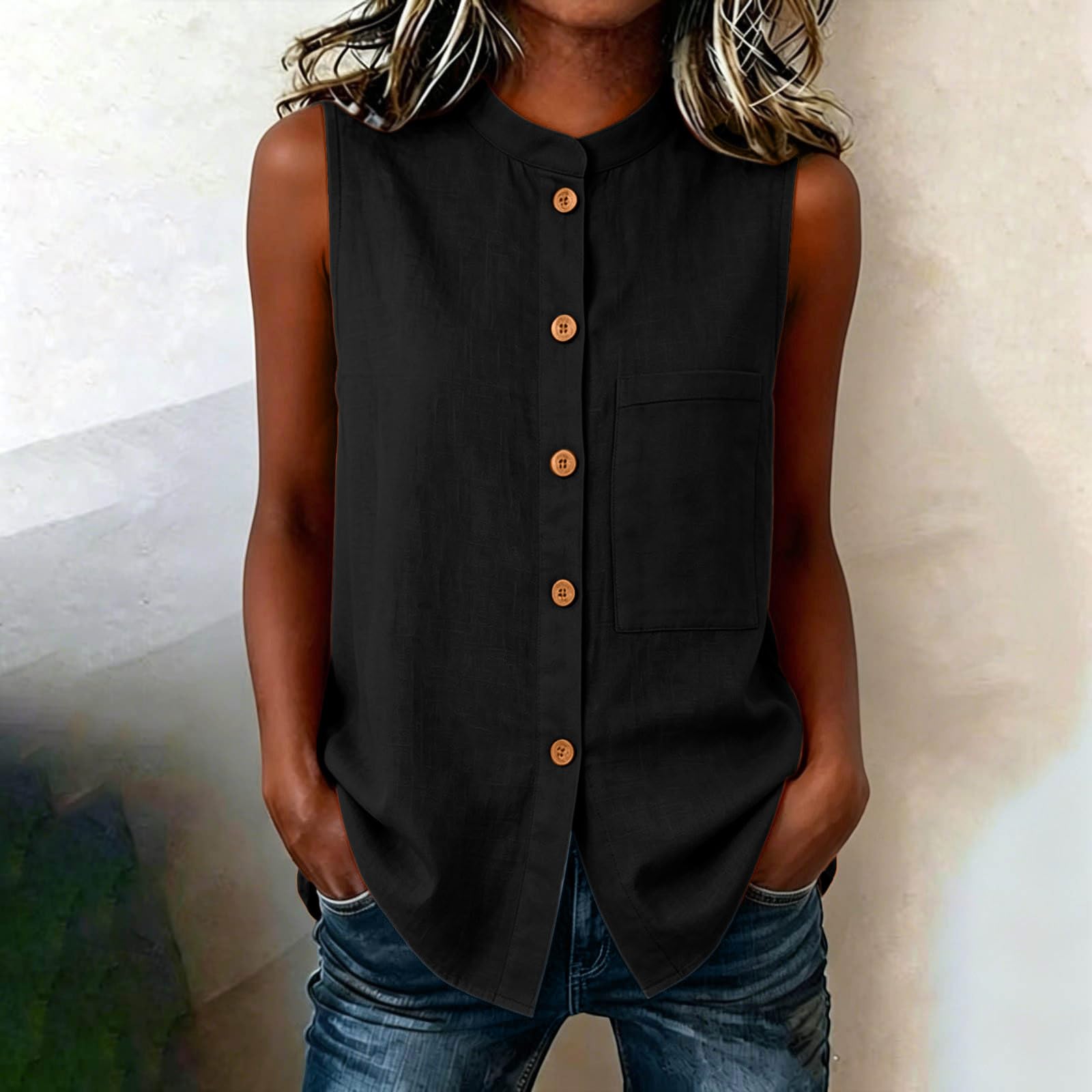 Women Sleeveless Casual Shirt Stand Collar Button Down Pocket Front Lightweight Blouse Summer Top L