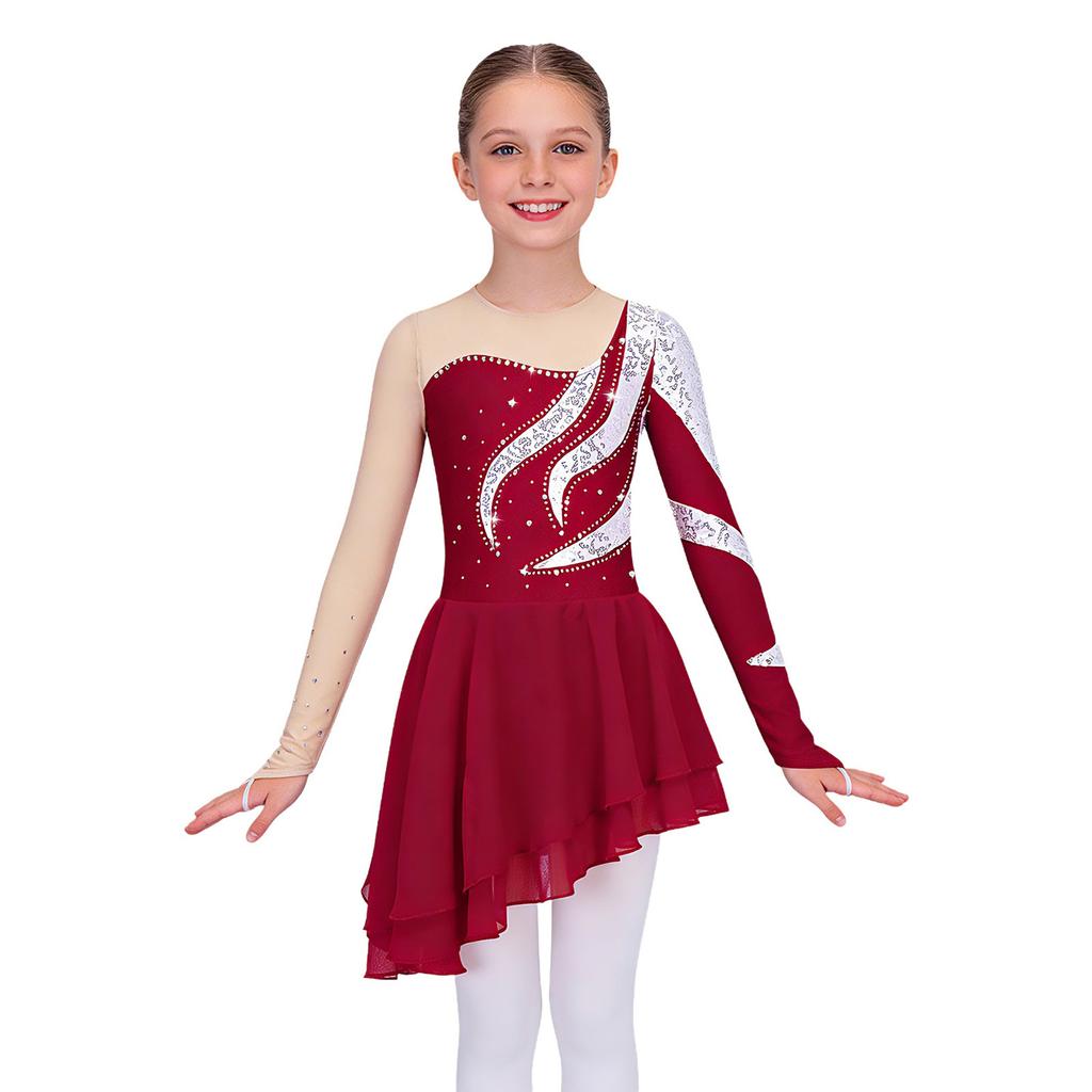 Girls Long Sleeve Dance Dress Shiny Sequins Decorated Patchwork Style Hollow Back Dresses