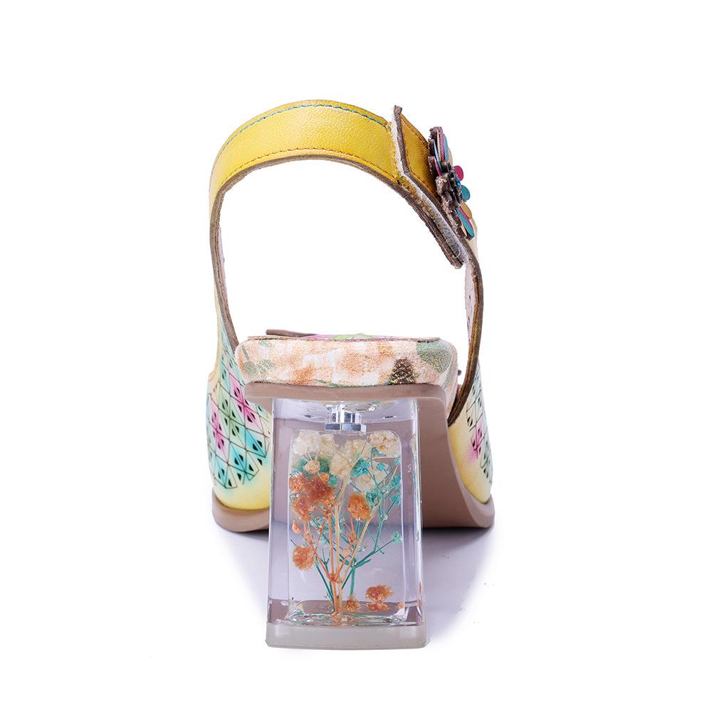 Johnature Genuine Leather Retro Baroque Style Hollow Out Colorful Three-dimensional Flower High-heeled Sandals