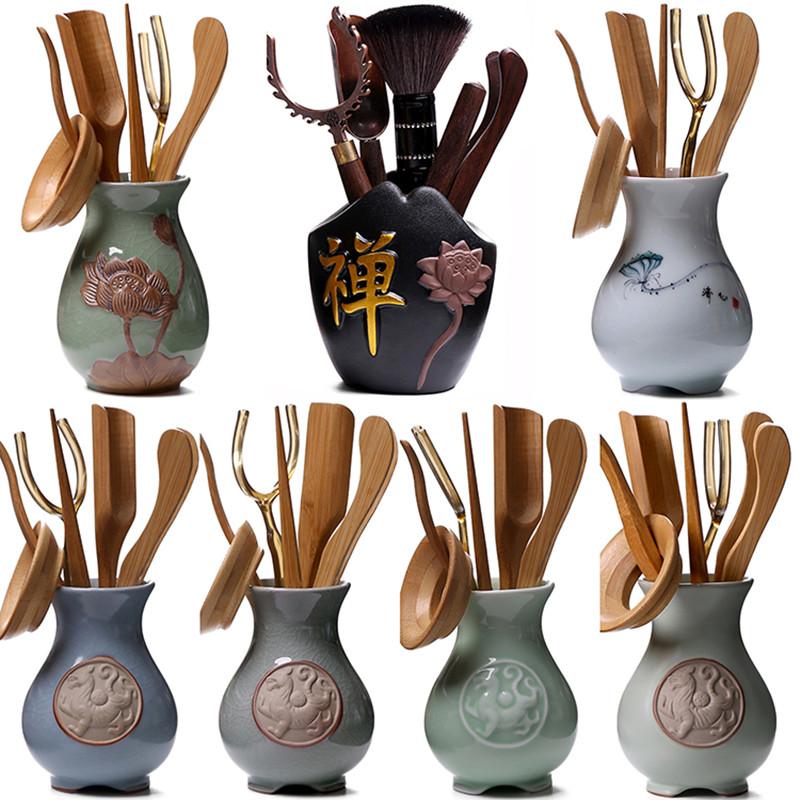 Kungfu-tesetttilbehør, teseremoni, hele sett med seks herrer, svart sandeltre, teklype i heltre, bambuspinsett